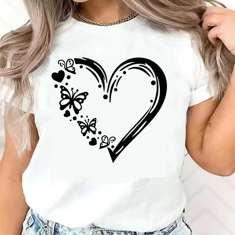 

Short Sleeve Crew Neck Top Tee Women's Clothing Letter Cartoon Love and Heart Graphic Print T-shirt Women's Harajuku Sleeve