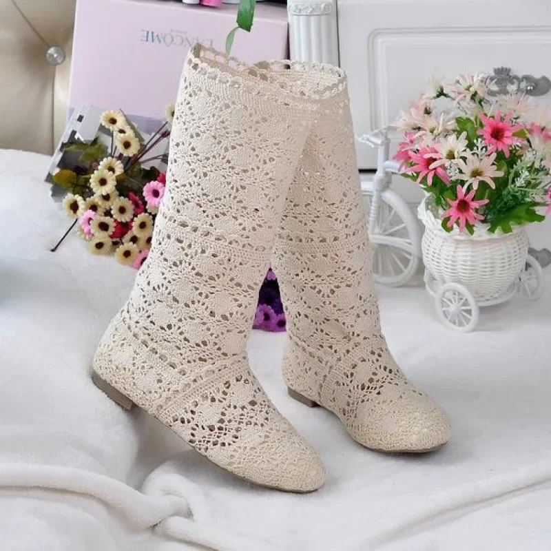 High Quality 2024 Hollow Boots Shoes Breathable Knit Line Mesh Boots Summer Women Boots Knee High Womens Shoes 34-41