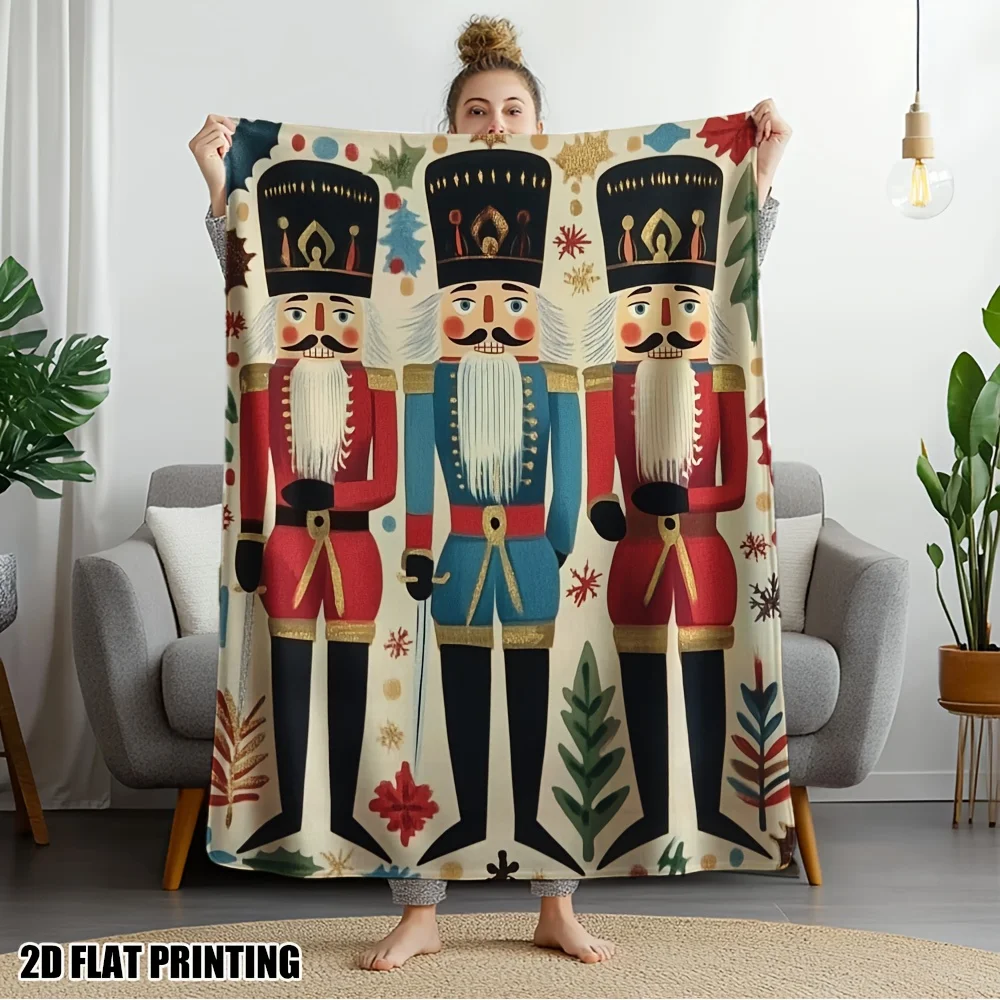 Vintage Nutcracker Puppet Pattern Flannel Blanket Cozy Warm Throw for Sofa Bed Living Room Winter Xmas Household Decoration