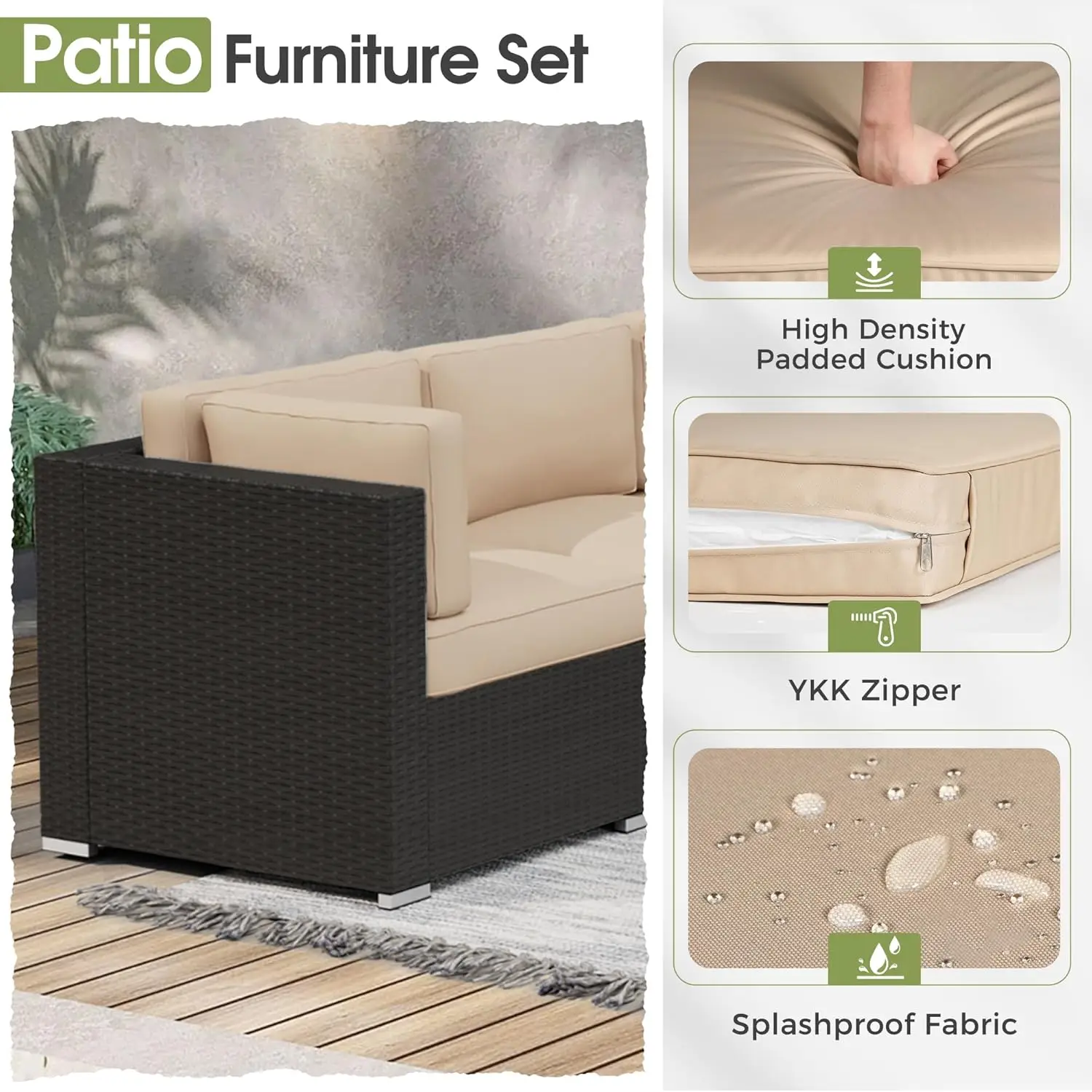 Gartenmöbel-Sets, Allwetter-Sofa aus schwarzem Korb geflecht, moderner Couch tisch aus Glas und wasch bares Kissen