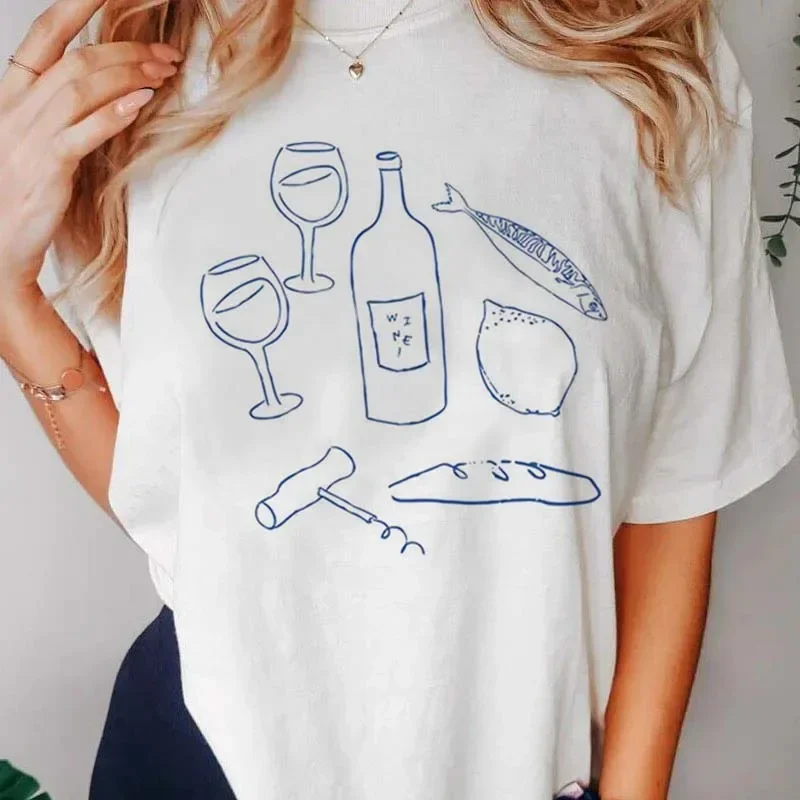 Harajuku Retro Wine Cooking Ingredients Printed Pattern T-Shirt Fashion Aesthetics Summer Short Sleeved Beautiful 90s Casual Top