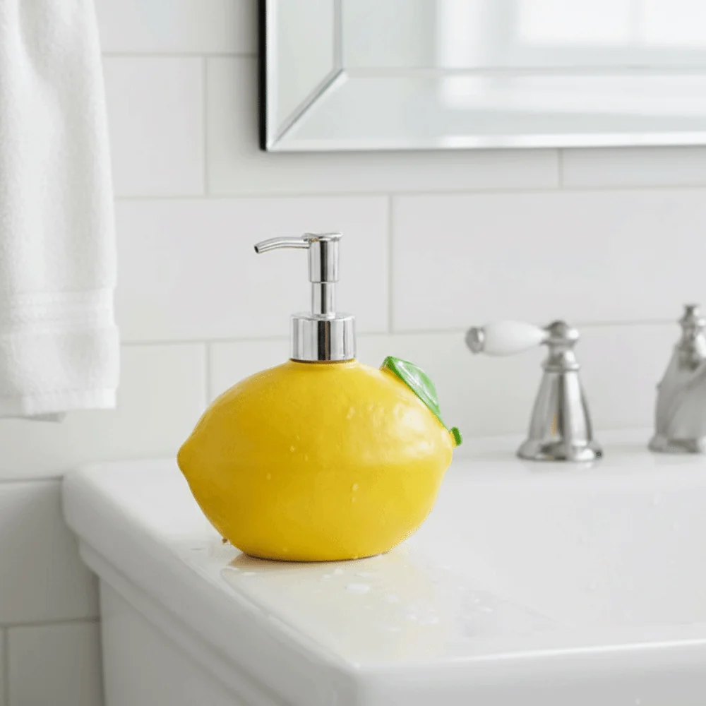

Креативный виниловый дозатор для мыла в форме лимона, декоративный флакон-помпа для дезинфицирующего средства, желтый дозатор для шампуня и мыла в виде фрукта для ванной комнаты