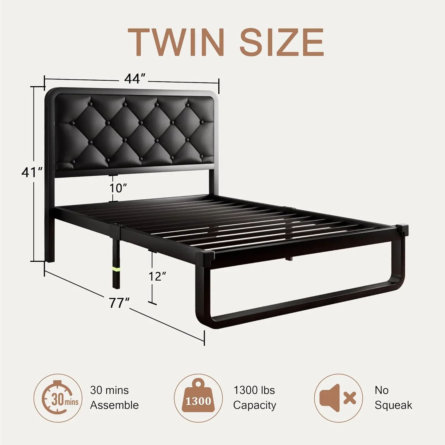 

Twin Bed Frame with Faux Leather Headboard, Button Upholstered Platform Bed Frame with 12 inch Under Bed Space