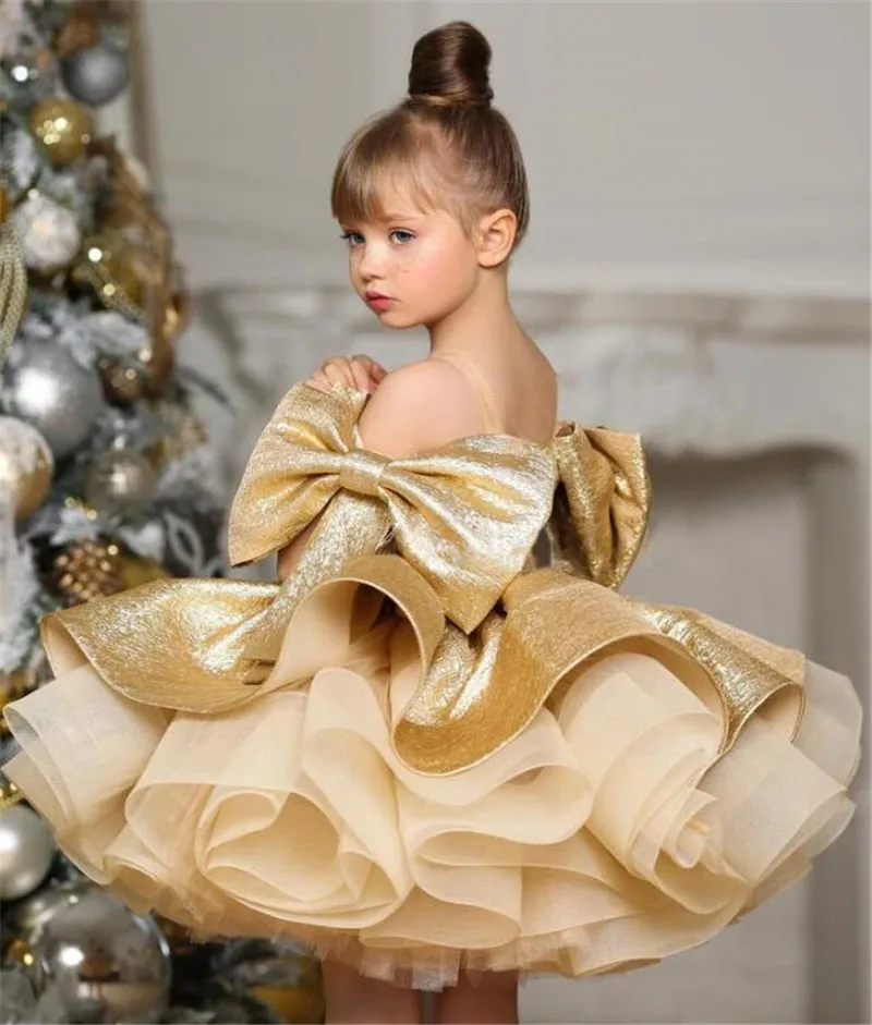 Vestido de flores de satén dorado para niños, vestido de Organza esponjoso, traje de tutú de princesa, vestido de cumpleaños sin hombros, 1-14T