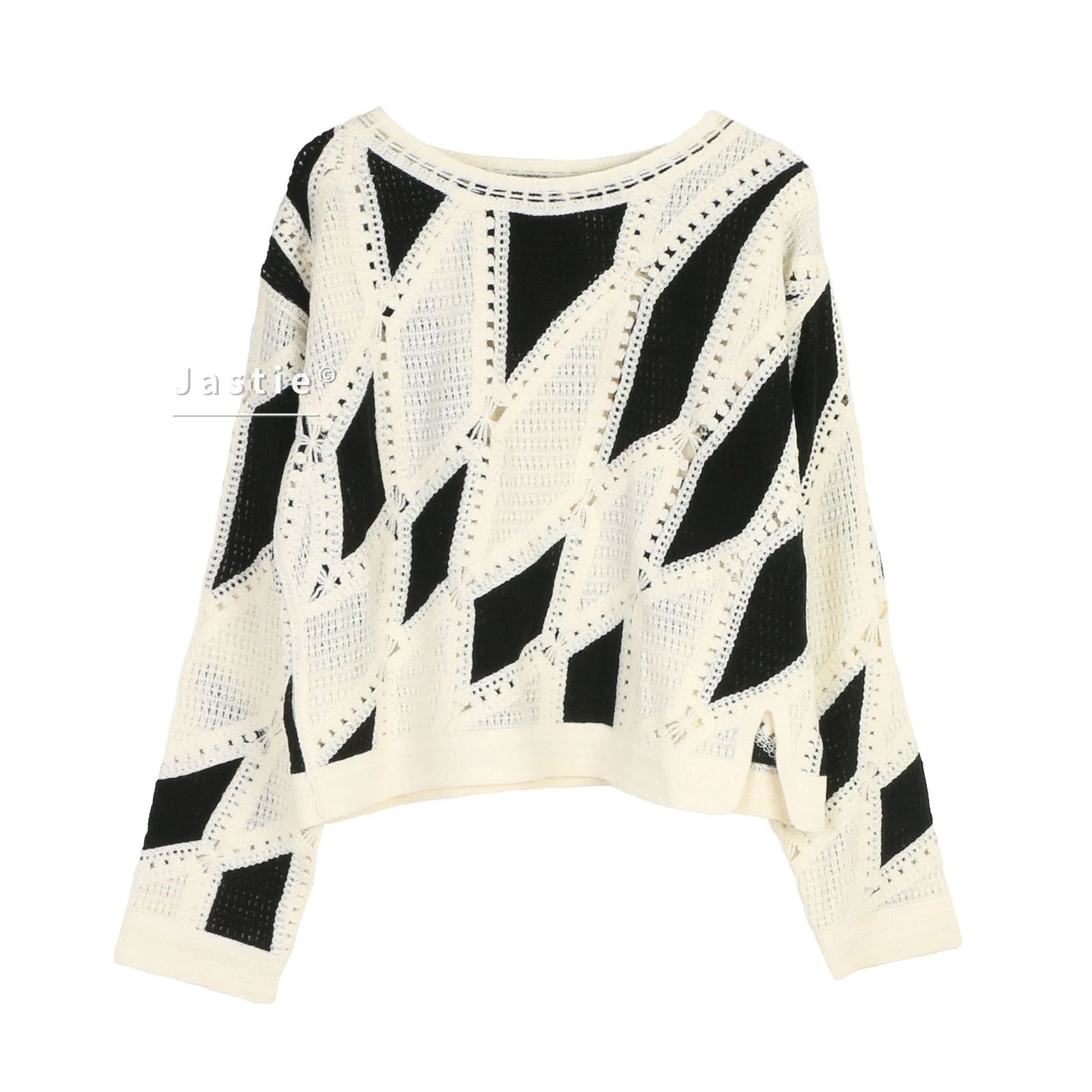 เสื้อสเวตเตอร์ถักลายเรขาคณิตสีดำขาว คอทรงโอ แขนยาว ทรงหลวม ลายลูกไม้ สไตล์โบฮีเมียน สำหรับผู้หญิง