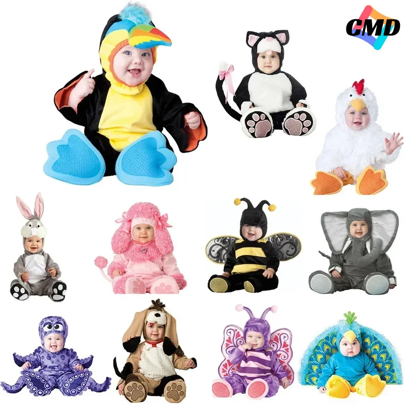 Cos niños pequeños Cosplay pollito disfraces de conejo loro perro gato abeja bebé disfraz de Halloween fiesta de Navidad peleles para recién nacidos cuerpo