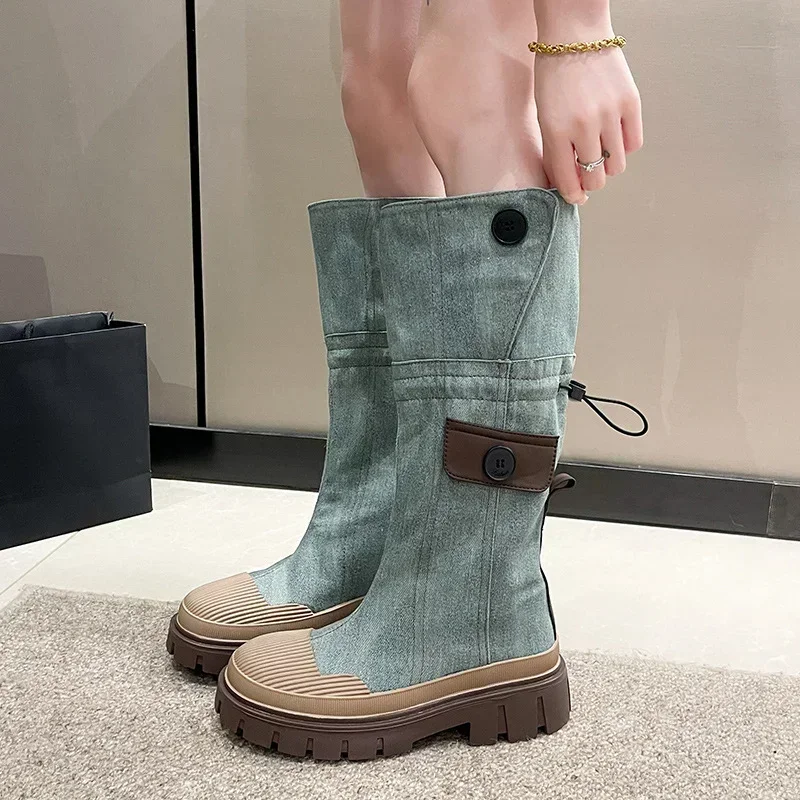 

Women's Boots Blue Denim Thigh High Boots for Womens Thick Heels Simple Thick Sole Boot Fashion Platform Knee High Knight Boots