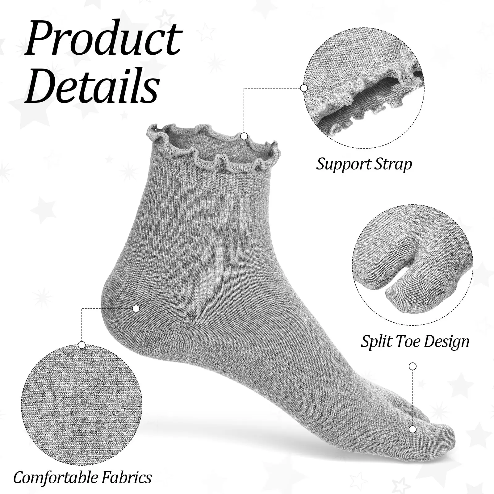Japanische Baumwoll-Zehensocken mit Rüschenrand für Damen, Einfarbige Zwei-Zehen-Socken, Harajuku Hochelastische Unisex Tabi-Socken – Detail 3