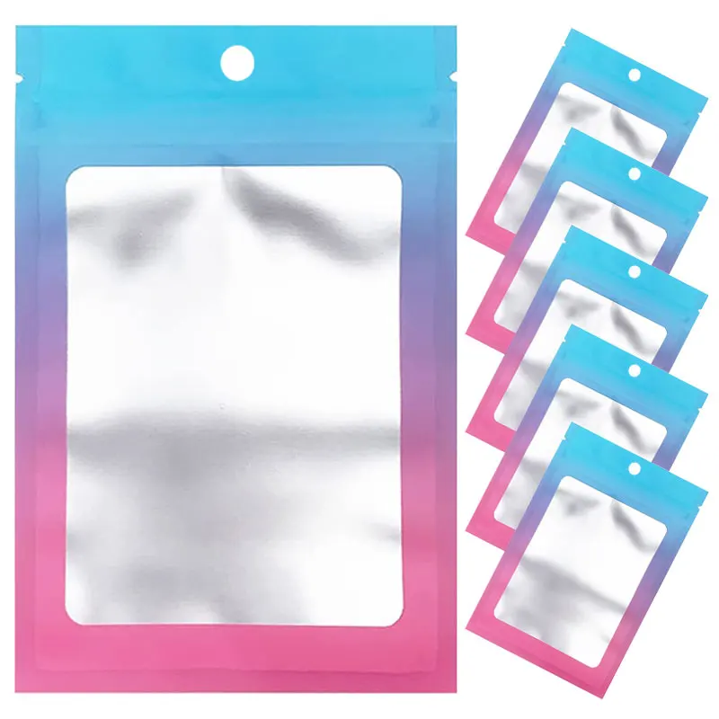 50-100Pcs Resealable Mylar Ziplock Bags Blue Gradient Pink Pouch with Clear Window for DIY Jewelry Display Gifts Packaging Bags