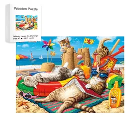 Kot na wakacjach drewniana sztuka Puzzle Jigsaw, unikalne elementy w kształcie zwierząt, DIY gra rekreacyjna fajna zabawka na prezent odpowiednich przyjaciół rodziny