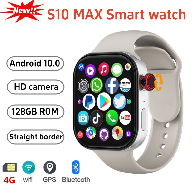 S10 MAX Smart Watch 4G Android 4G/5G LTE Sim Card GPS WIFI AI Voice assitance Straight Border Rotary Camera Smartwatch