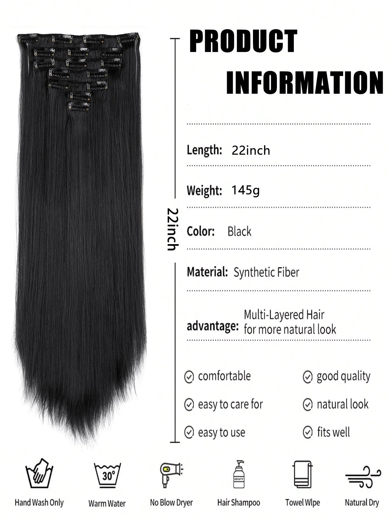 JINKAILI Clip In Hair Extensions Black Color 7 PCS/Set 18~32 Inch Long Straight Hair Extension For Women