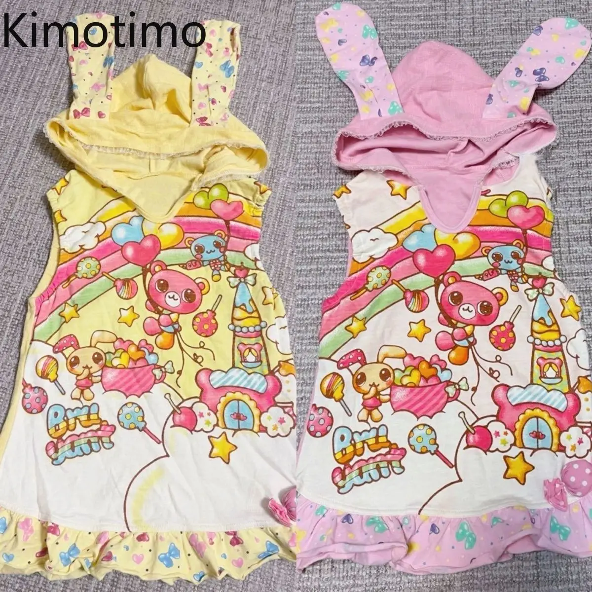 

Kimotimo Japan Style Cute Cartoon Printed Rabbit Ear Hooded Tank Top Women 2025 Summer Vintage Patchwork Ruffle Y2k Camis Vest