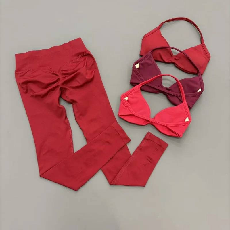 2 Piece Sports Sets Women Backless Halter Seamless Bra Fitness Scrunch Breathable Leggings Gym Running Workout Sport Set