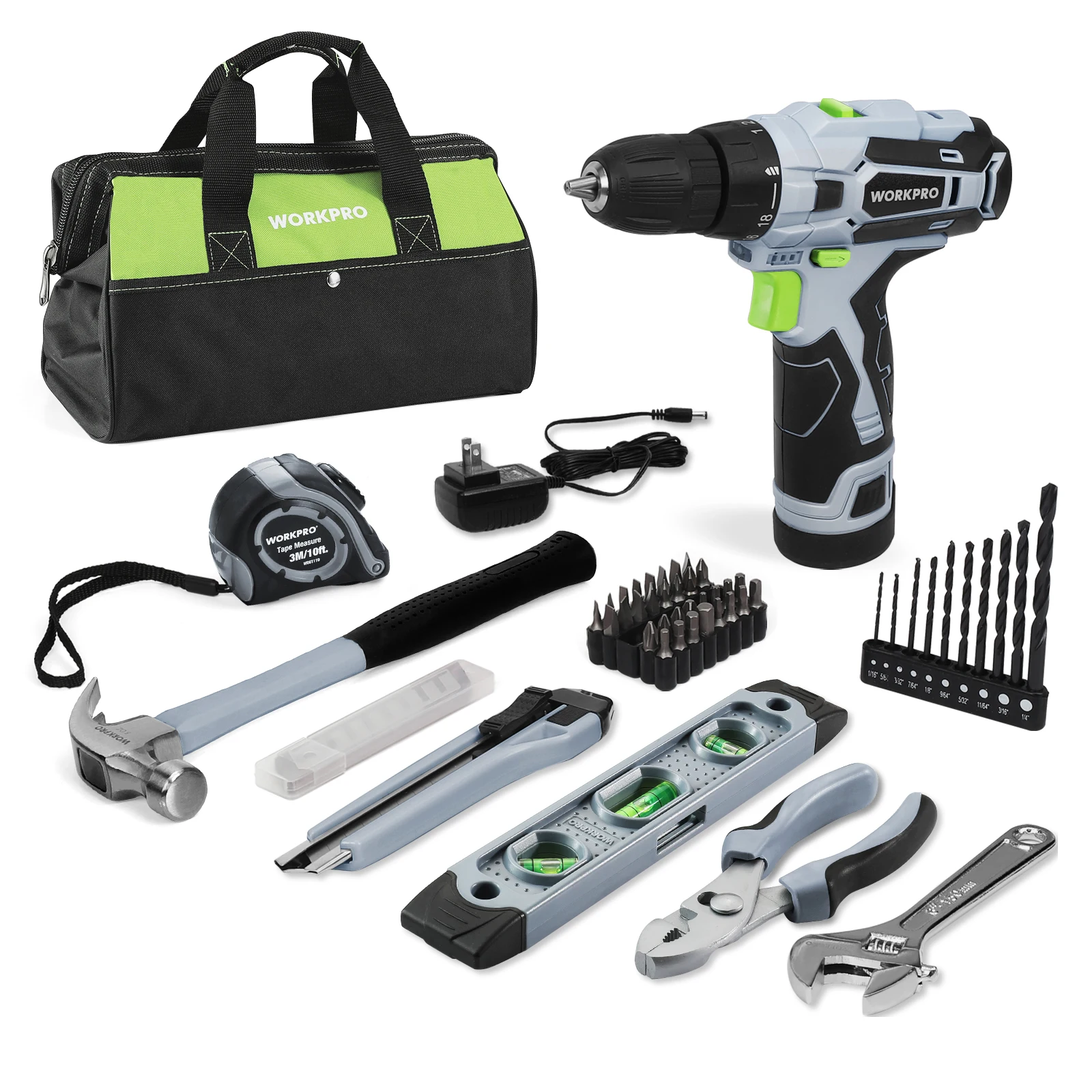 WORKPRO 12V Cordless Drill Driver Home Tool Kit Hand Tool Set DIY Home Maintenance 14-inch Storage Bag Included