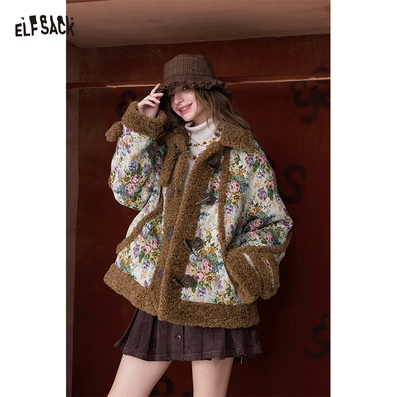 ELFSACK Women's Vintage Padded Coat with Floral Print & Fleece Trim, Duffle Button Outerwear