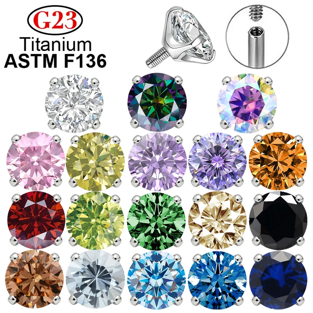 10Pcs ASTM F136 Titanium External Thread Cubic Zircon Top for Lip Labret Ear Stud Earrings G23 Piercing Body Jewelry Accessory