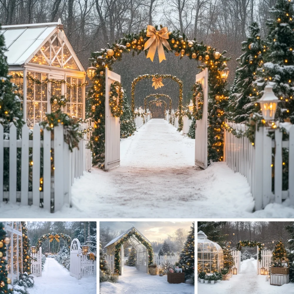 Snow Christmas Arch Path Backdrop Golden Bow Lamp White Fence Winter Xmas Scene Family Portrait Photography Studio Decor Prop