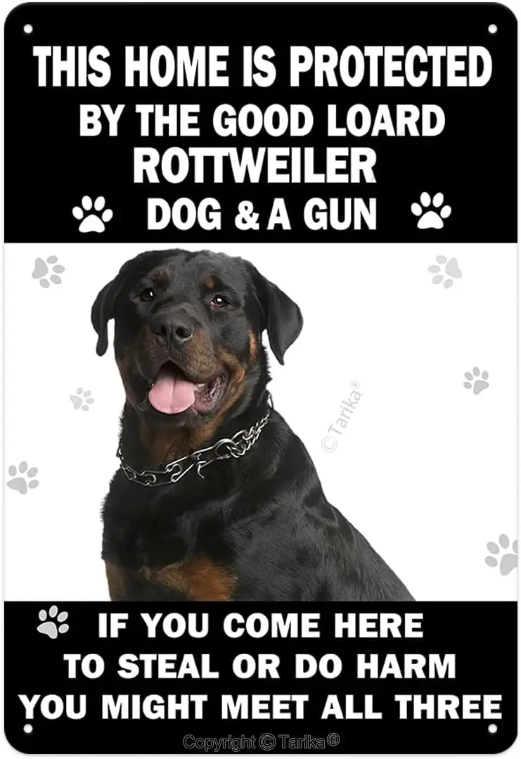 This Home is Protected by The Good Loard Rottweiler Dog & A Gun Iron Poster Painting Tin Sign Vintage Wall Decor for Cafe Ba