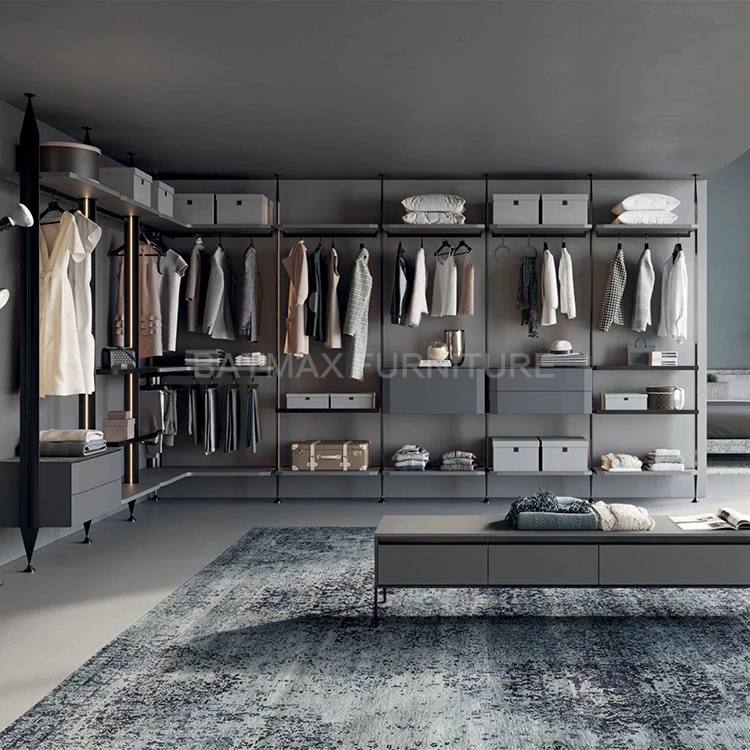 Cloakroom Open Design Closet Aluminum Pole System Wardrobe Column Cabinet With Led Lights