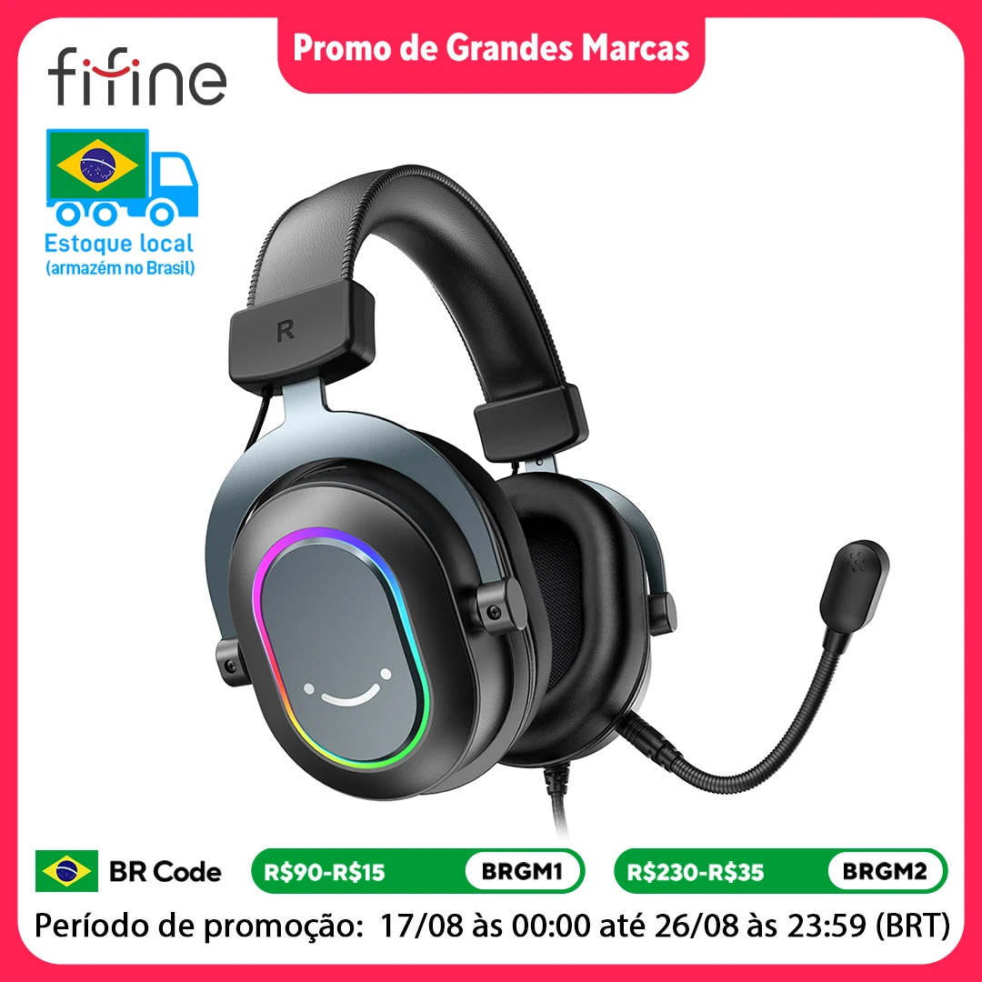 Fone de ouvido para jogos USB FIFINE com som surround 7.1/controle de linha/modo 3EQ, fone de ouvido RGB com microfone, plug and play, para PC/PS5 -H6
