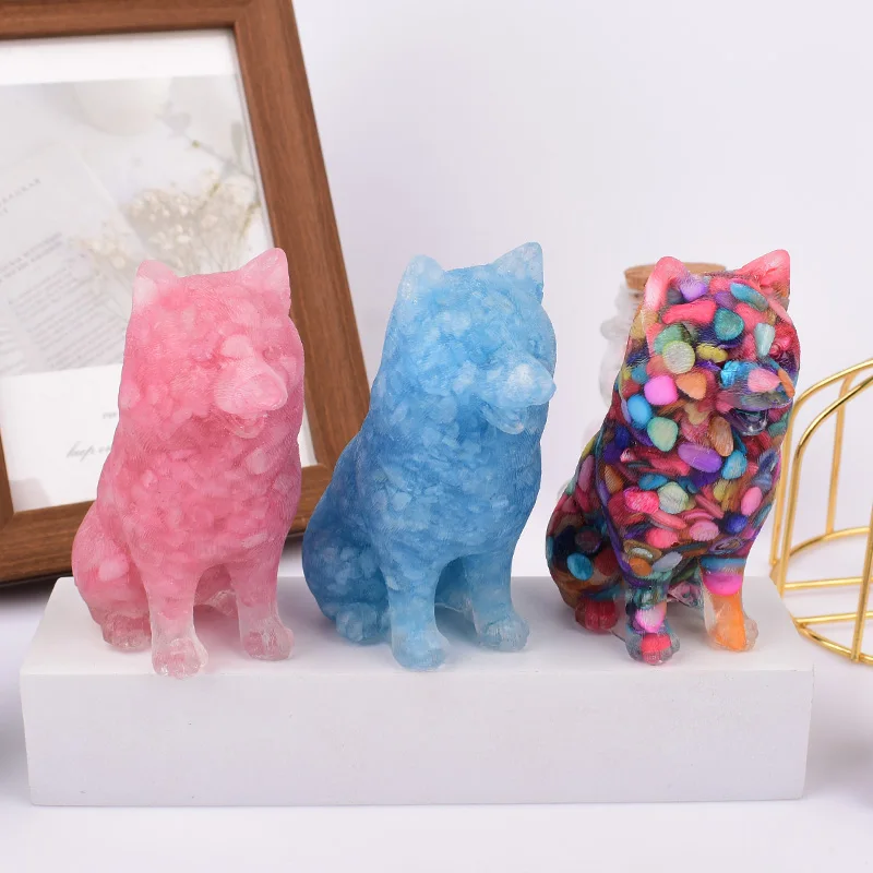 Hand-made Gravel Specimen Resin Dog Decoration Healing Reiki Natural Crystal Stone Crafts Home Decoration Gift Animal Souvenirs