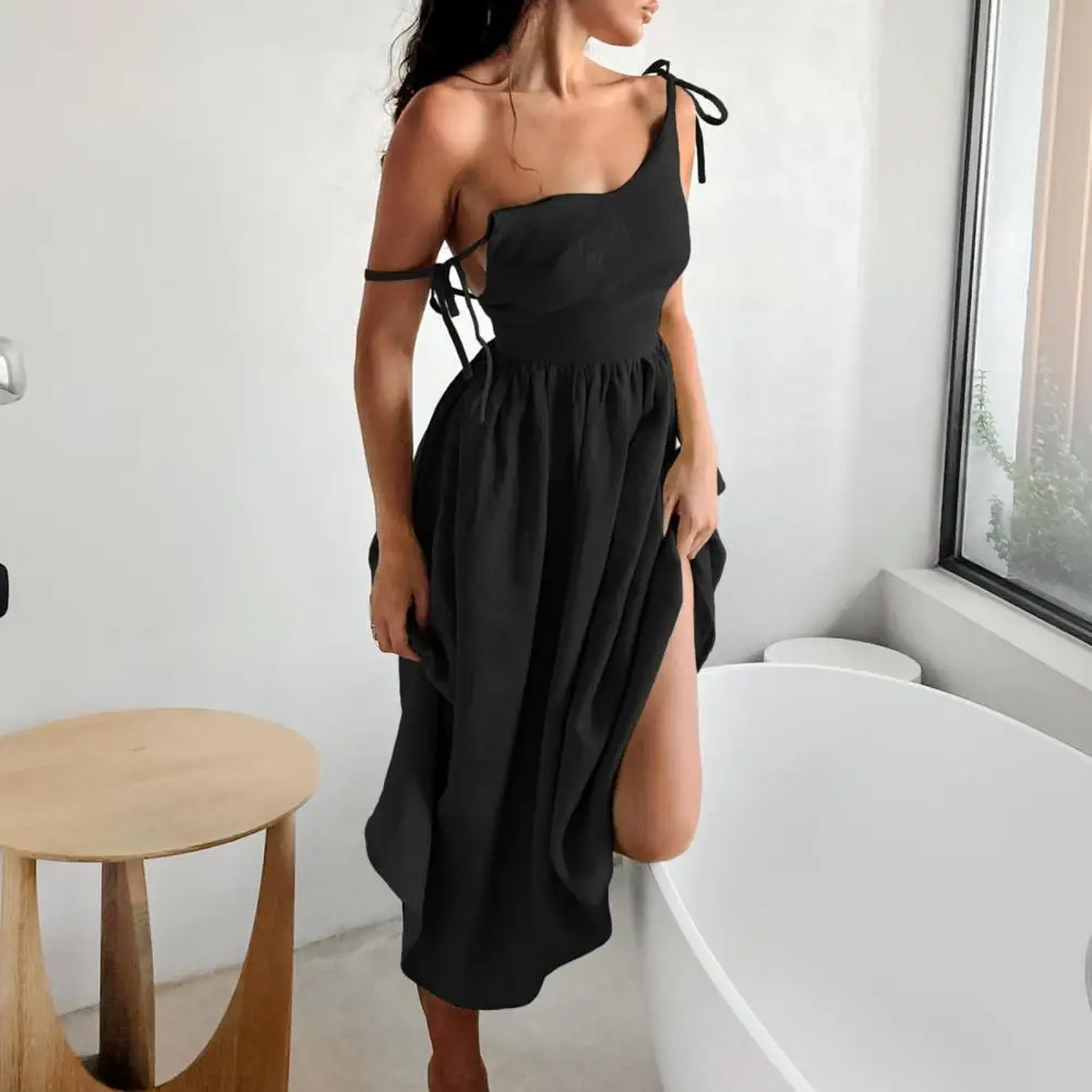 Women Dress Lace-up Spaghetti Strap Sundress with Side Pockets Pleated High Waist V Neck for Summer vestido