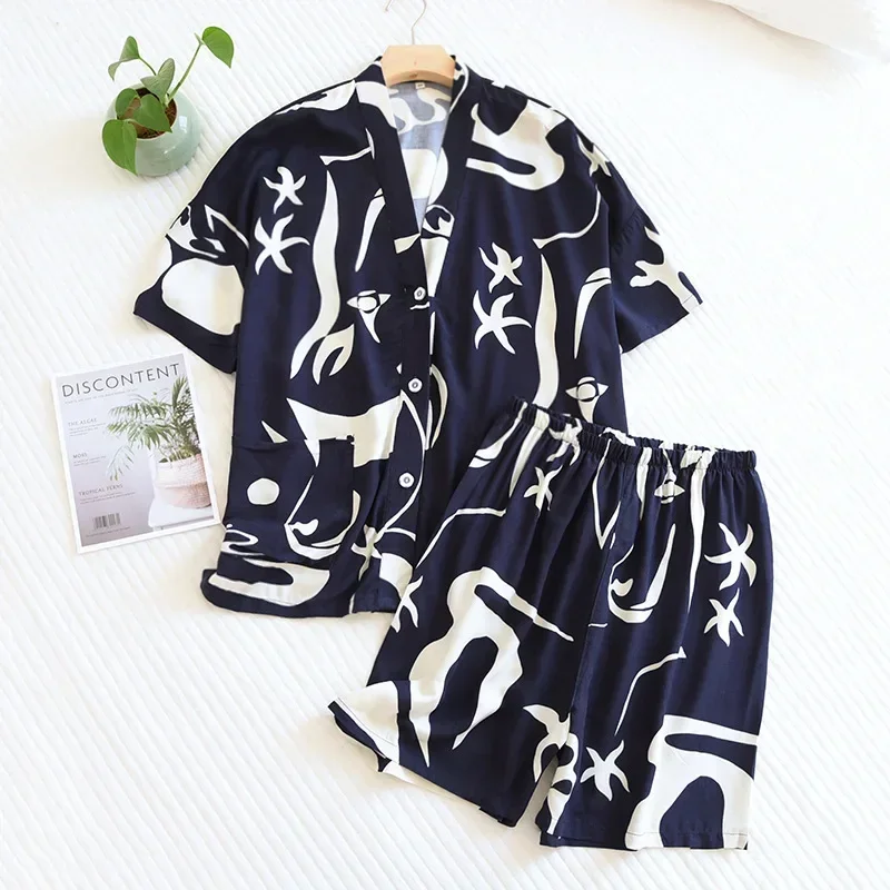 New Summer Ladies 100% Viscose Pajamas Short Sleeve Shorts Two Piece Floral V-Neck Thin Loose Women\'s Homewear Set sleepwear