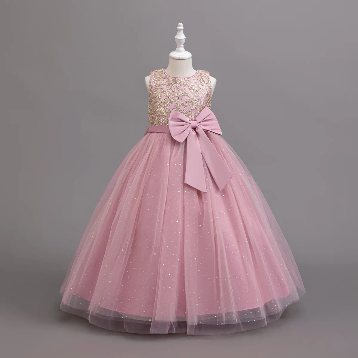 

Princess Skirt Kid Sleeveless Sequin Embroidered Bodice Glitter Tulle Ball Gown Girl Dress Bow Accent Fluffy Party Children
