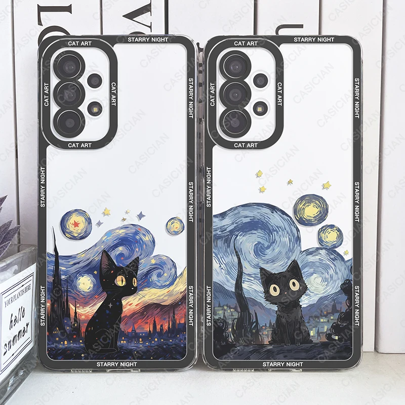 Case For Samsung Galaxy S20 Plus S21 FE S22 S23 S24 Ultra A53 A52 A54 A33 Van Gogh Starry Night Funny Cute Cat Art Phone Cover