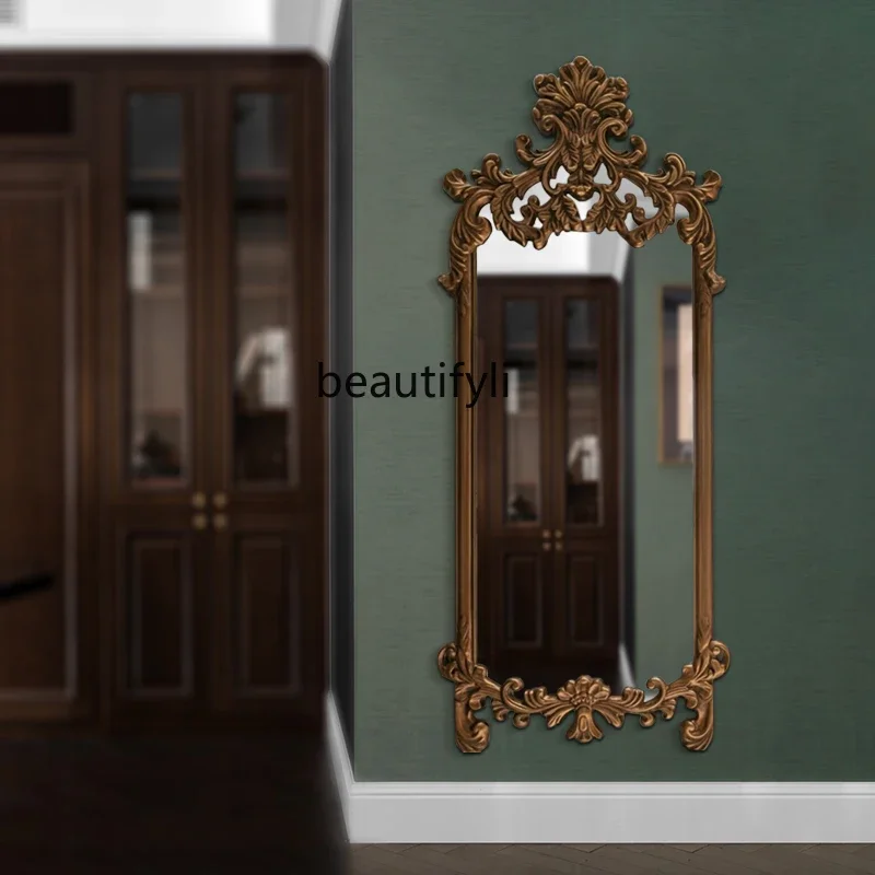 

French entry entrance mirror wall hanging retro, soft background wall carved mirror against the wall light luxury fitting mirror