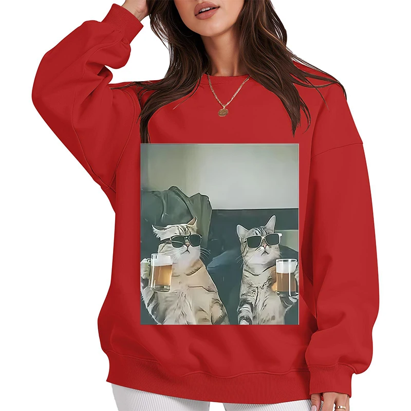 Cool Cat Bere Birra Divertente Meme Felpe con cappuccio per le donne Y2k Stile Streetwear Pullover Felpe Anni '90 Top femminili Abbigliamento unisex