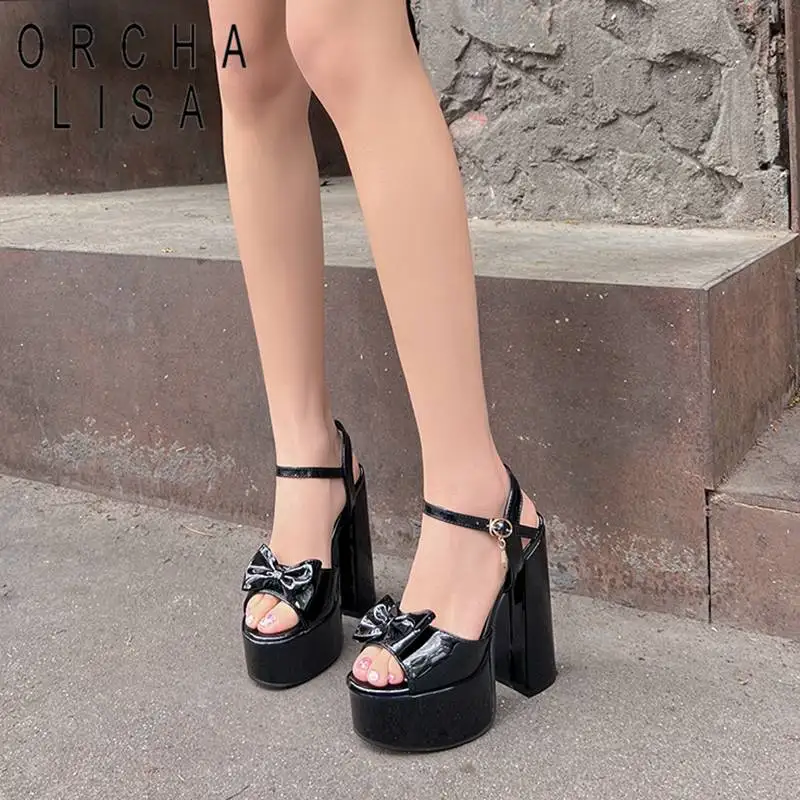 

ORCHA LISA Women Sandals Peep Toe Chunky Heel 14cm Platform 4.5cm Buckle Strap Bowknot Plus Size 42 43 Sweet Sexy Dating Shoes