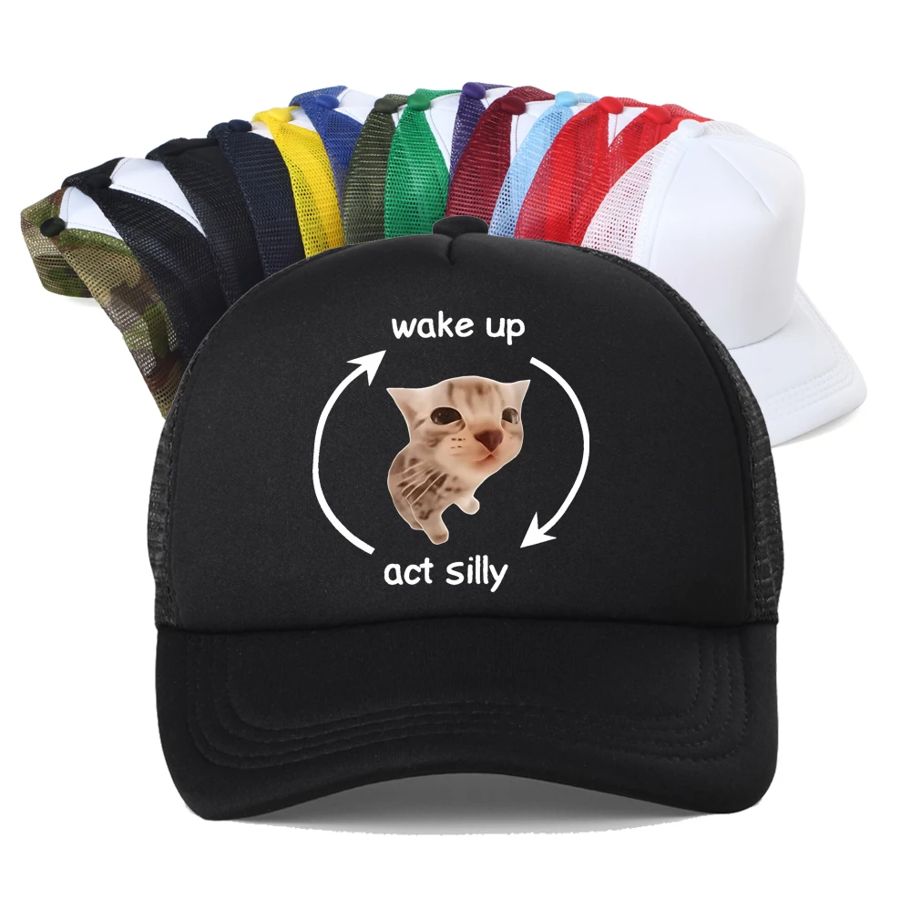 Funny Wake Up Act Silly Cat Print Graphic Baseball Cap Hip Hop Summer Mesh Breathable Trucker Hat Casual Fashion