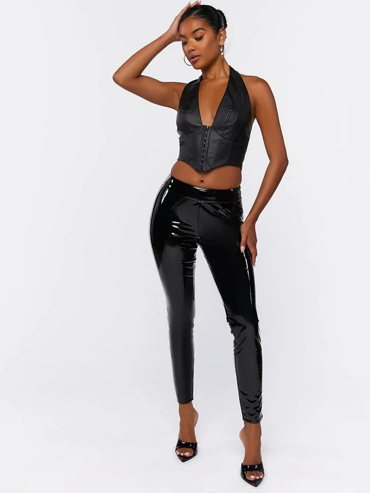 Women Mid Waist Faux Latex Pencil Pants Stretch Bodyocn Shiny Patent Leather Leggings Casual Slim PU Trousers Custom Clubwear