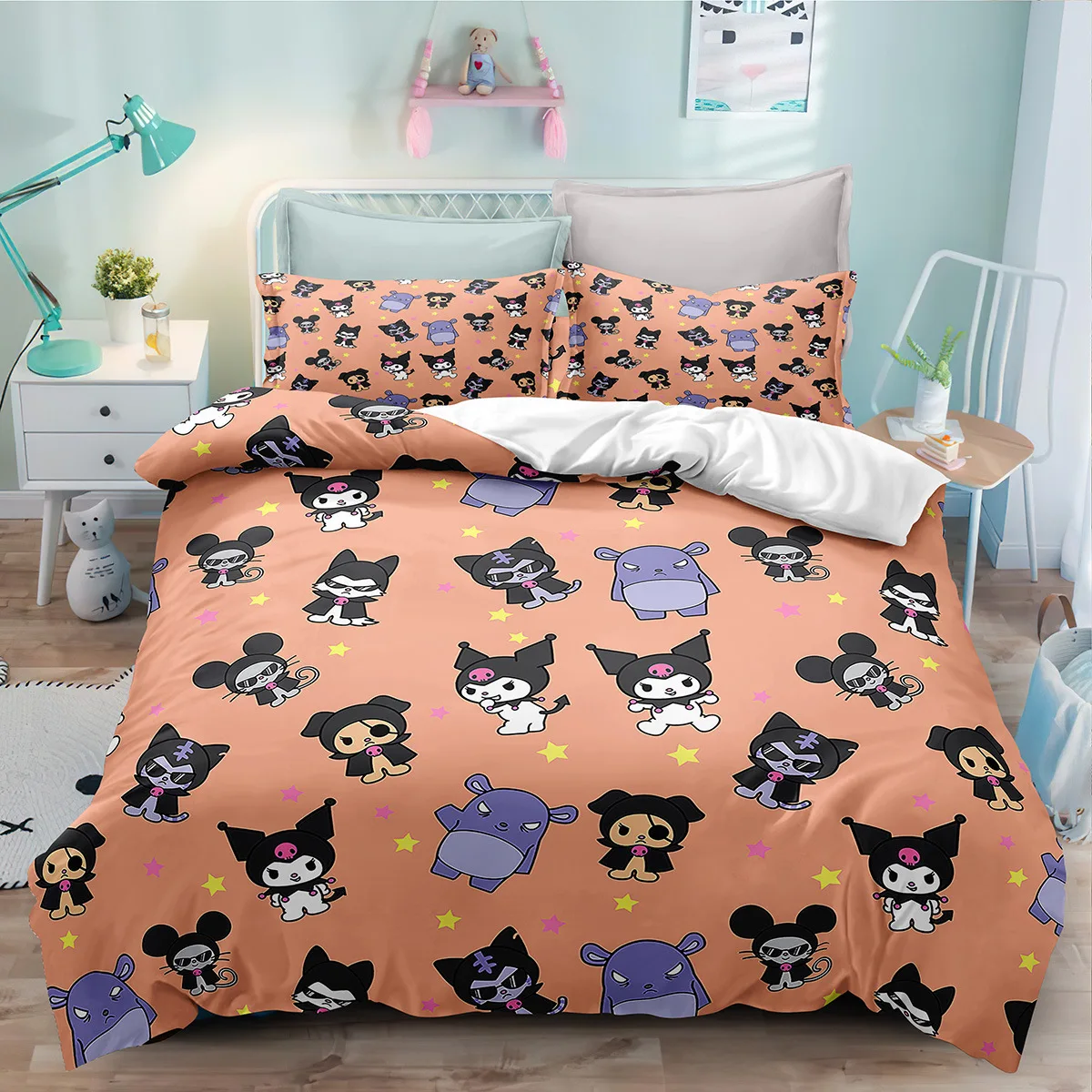 Imagem -04 - Sanrio Cartoon Kuromi Conjunto de Cama de Três Peças Decoração do Quarto Capa de Edredão Confortável Fronha de Casa Bonito