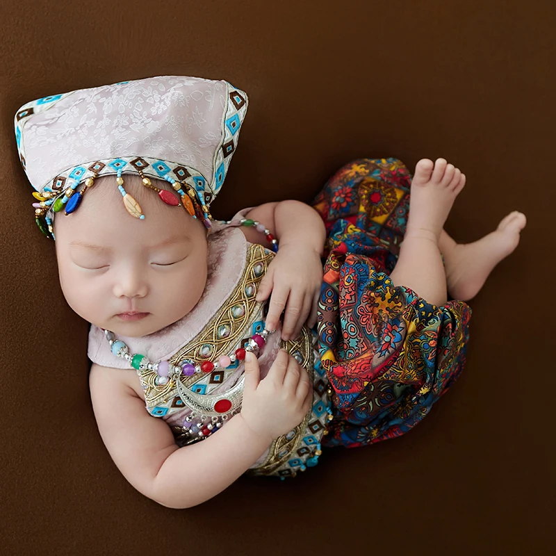 Newborn Photography Clothes Ethnic Style Outfit Fringe Hat Dress For Baby Girl Feature Necklace Photo Props Studio Accessories