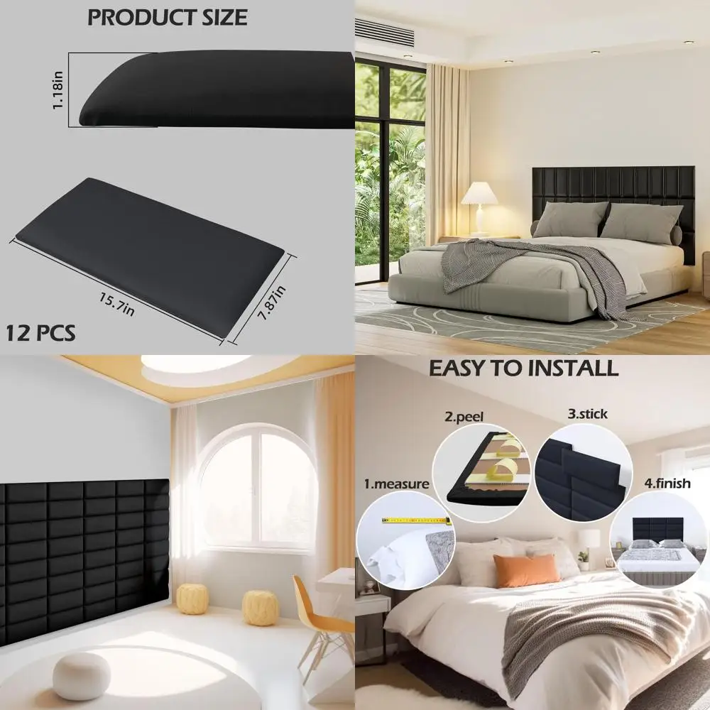 

Padded Wall Panels for Kids - 3D Anti-Collision Headboard, Full Size, Black