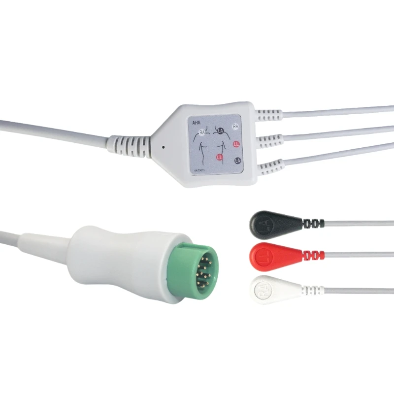 10pcs Medical Fixed Integrated ECG Cable Leads 3 Leads 12 Pins AHA Snap Compatible