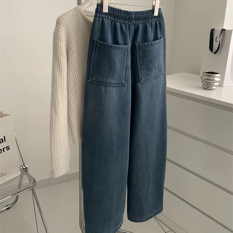 Women's Straight Leg Fleece Lined Jeans Simple Retro Patchwork Winter Warm Scythe Pants Casual Comfortable Denim Trousers