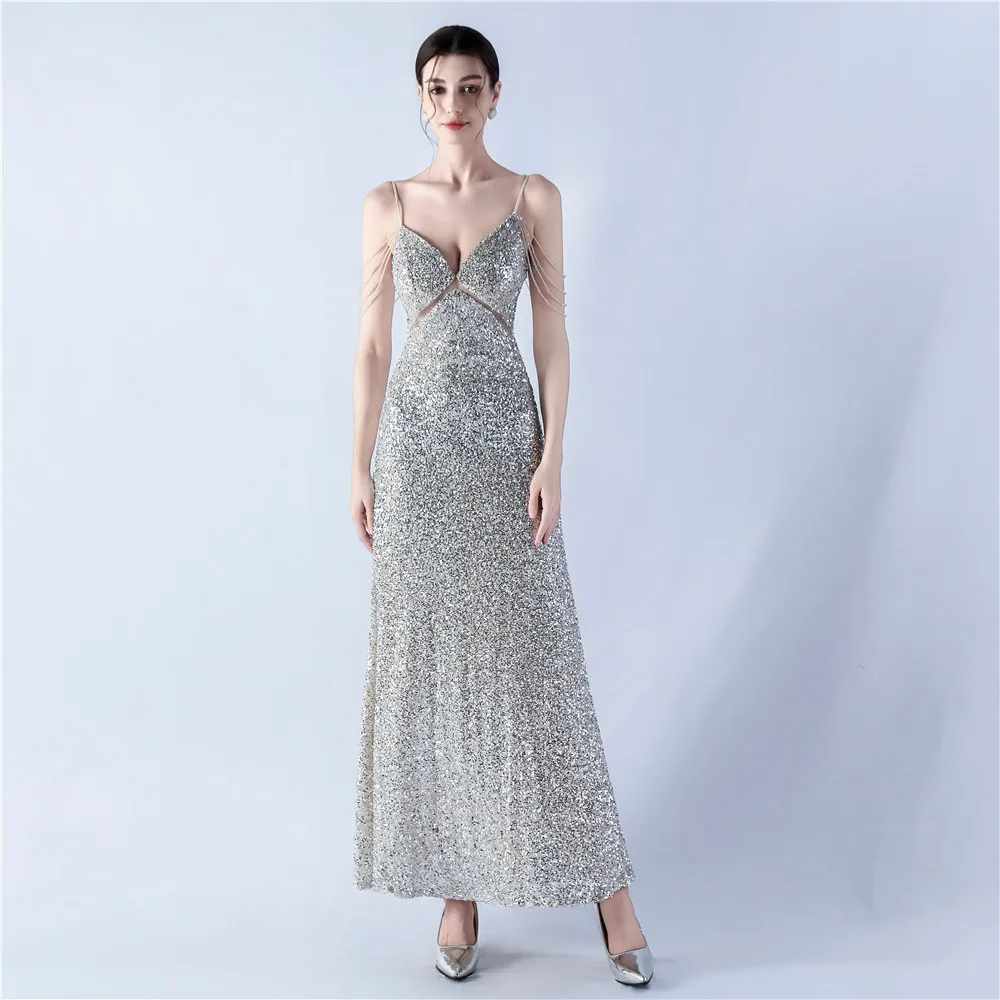 Elegante plata con lentejuelas 2025 vestido De noche largo sin espalda Sweetehart longitud del té venta al por mayor mujeres vestidos De fiesta De graduación Robe De Soiree