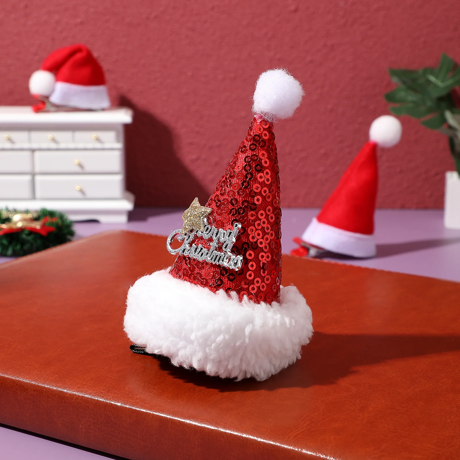 

6pcs Christmas Hat Hair Clip Sequins Small Hairpin For Women Holiday Party Xmas Hairpin Festive Headwear Accessory