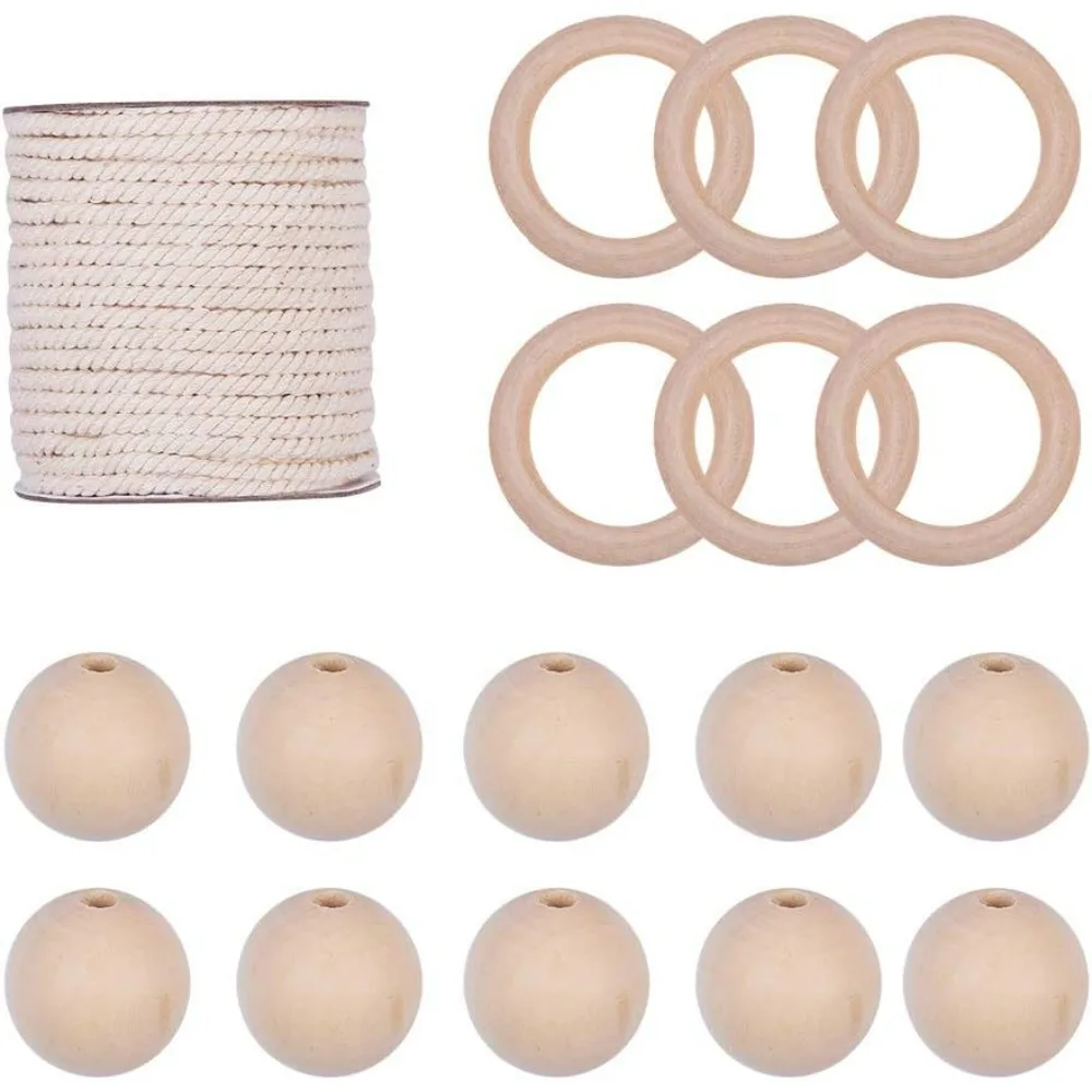 21 Pcs Macrame Wall Hanging Craft Kit Including 10 pcs 5cm Unfinished Solid Wooden Rings 10 pcs 6mm Wooden Beads 20 Yards