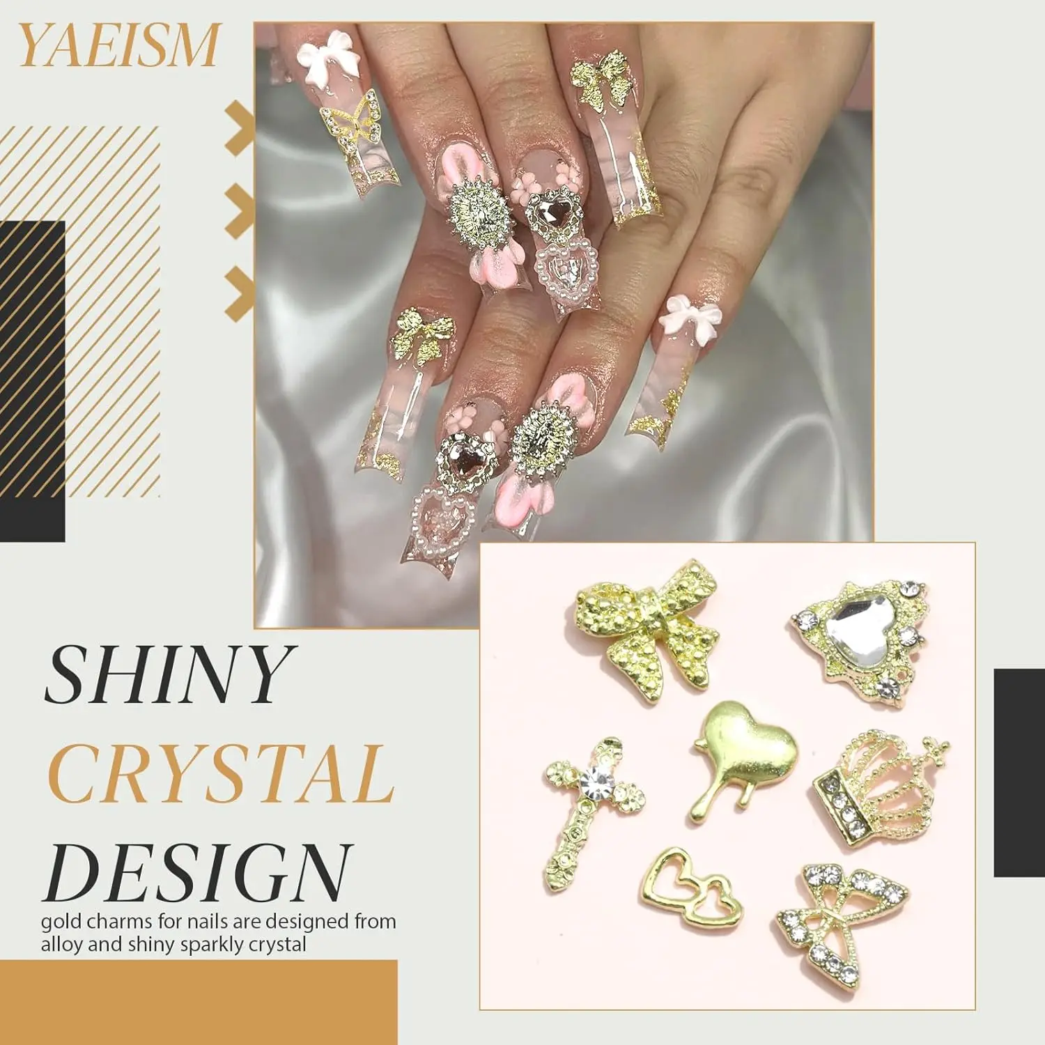 80 Uds. De dijes dorados para uñas, abalorios para uñas con forma de corazón de cristal dorado, corona brillante, dijes para uñas, dijes de mariposa brillantes, cruces para uñas doradas de aleación