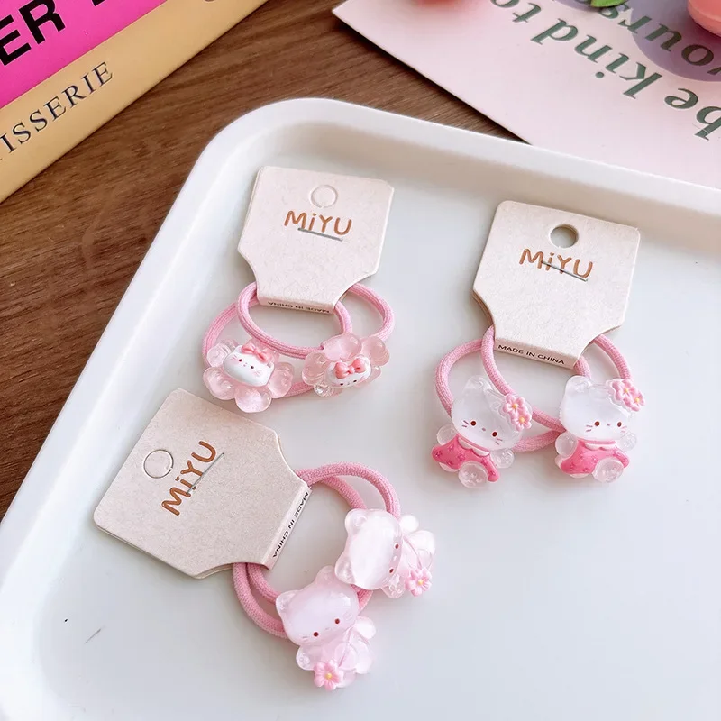 2pcs/set Pink Color Girl Hair Ring for Kids Cute Cartoon Kitten Hair Band Fashion Transparent Korean Elastic Hair Band Headwear