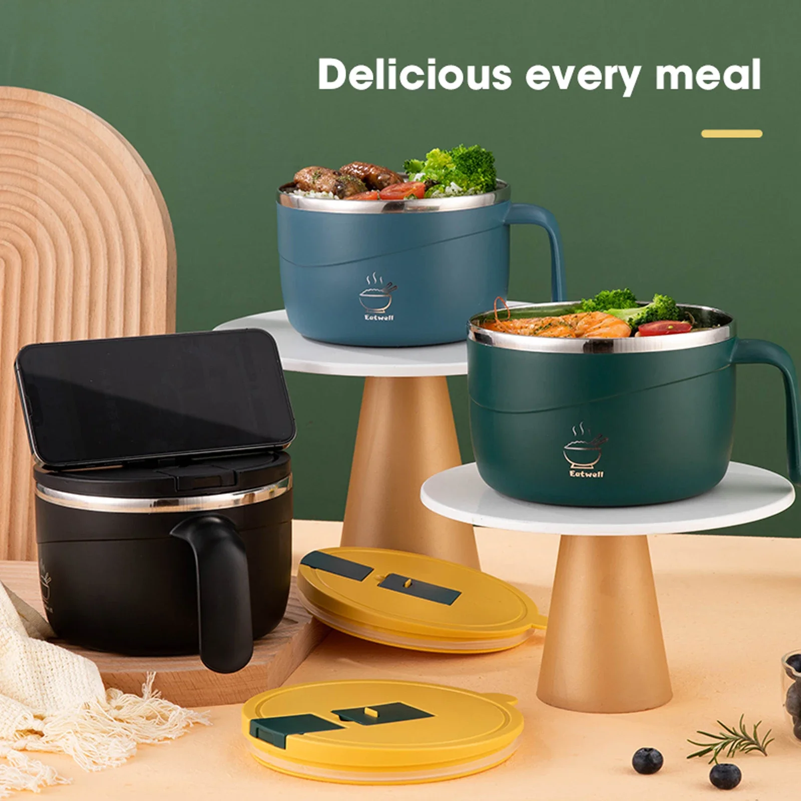 304 Stainless 1200ML Steel Instant Noodle Bowl with Handle Lid Drain Hole Portable Ramen Bowl Student Lunch Box Food Container