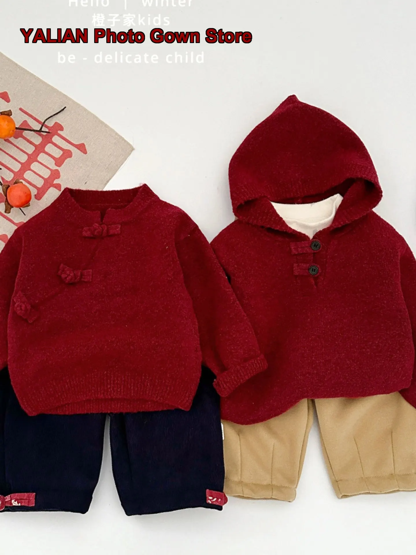 Boys Hooded Sweater Infant Newborn Thickened Warm Knit Top Solid Color Fleece Lined