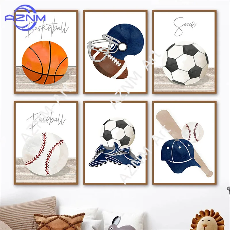 Watercolor Football Basketball Baseball Golf Sport Wall Art Canvas Painting Poster Pictures Kids Room Decor Teen Room Decoration