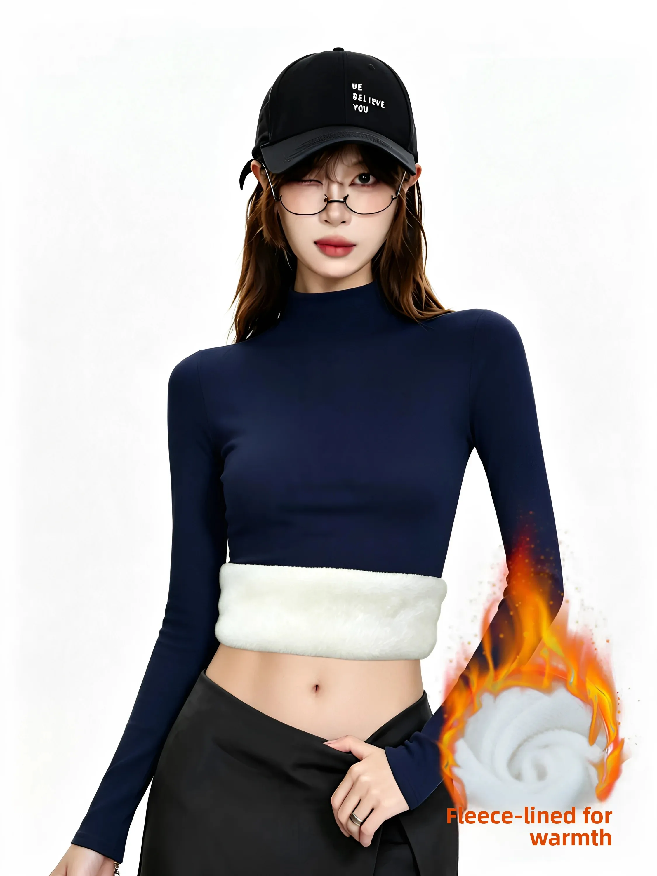 Women's Winter Thickened Fleece Lined Long Sleeve Base Shirt Half High Collar Warm Underwear Slim Fit Inner Wear T Shirt Top