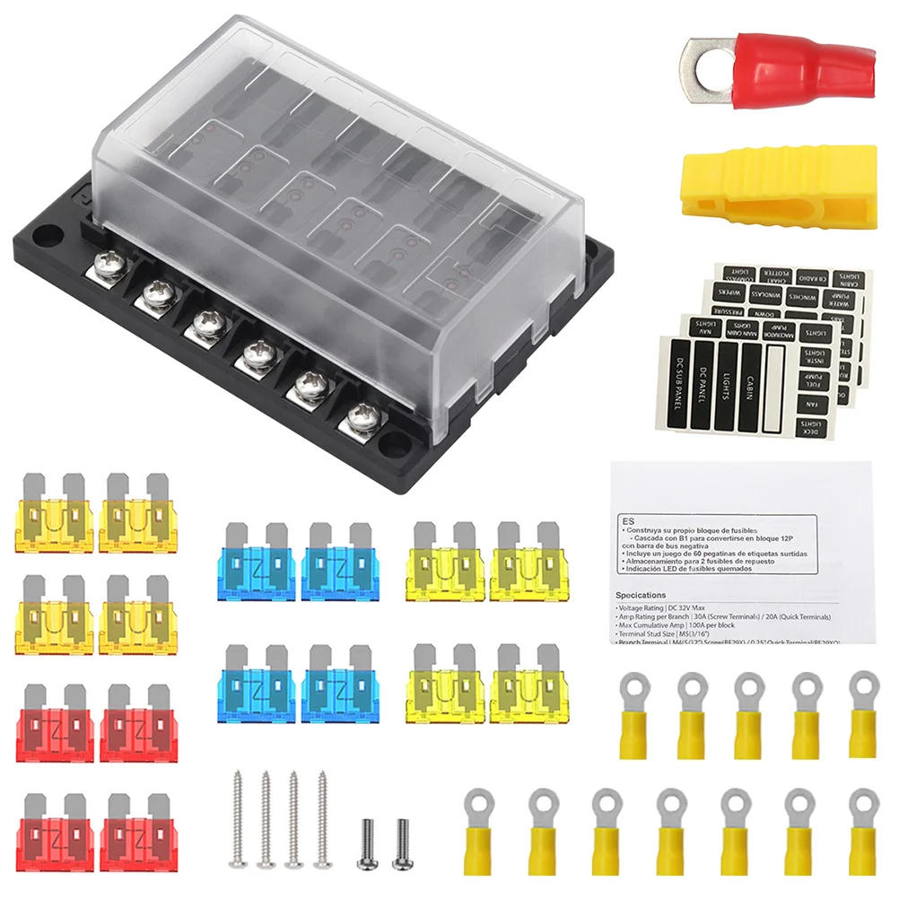 

Fuse Holder Suit Marine Block Waterproof Terminal Distribution Aluminum Alloy 12V Car Boat RV Fuse Box Stickers Included